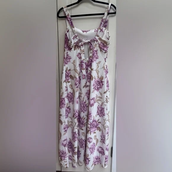 Abercrombie & Fitch Floral Midi Dress Bow Back Pink Cream Size Large NWT - Picture 6 of 9